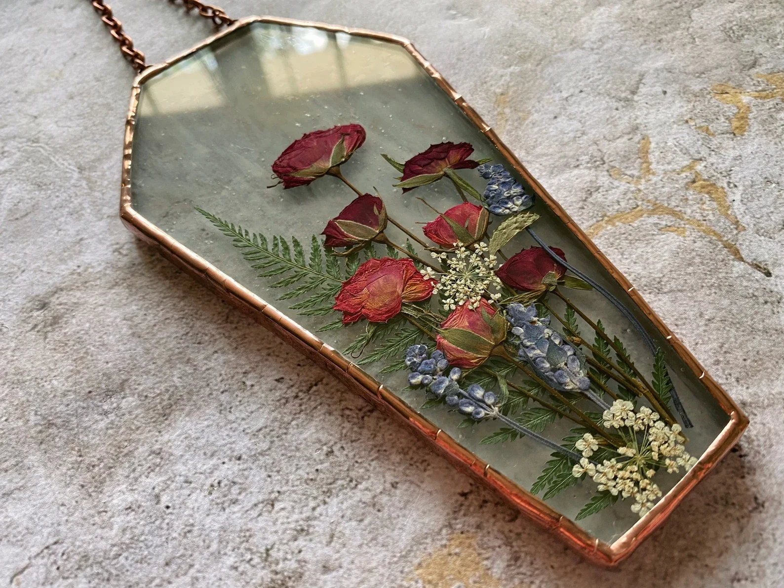 Stained Glass Coffin Suncatcher: Pressed Roses & Ferns, Rustic Halloween Decor