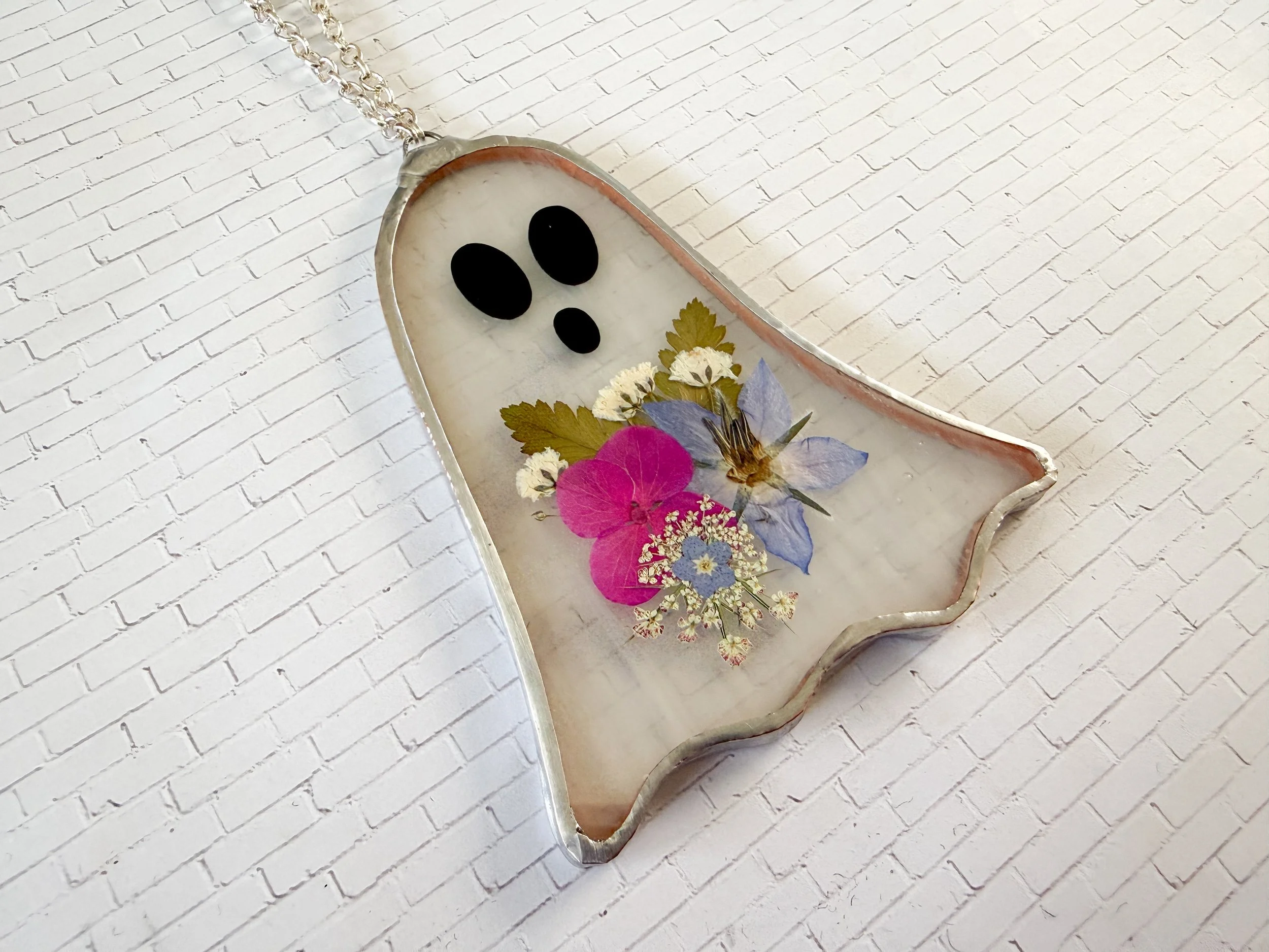 Stained Glass Halloween Ghost Ornament Whispy White Glass with pressed flowers