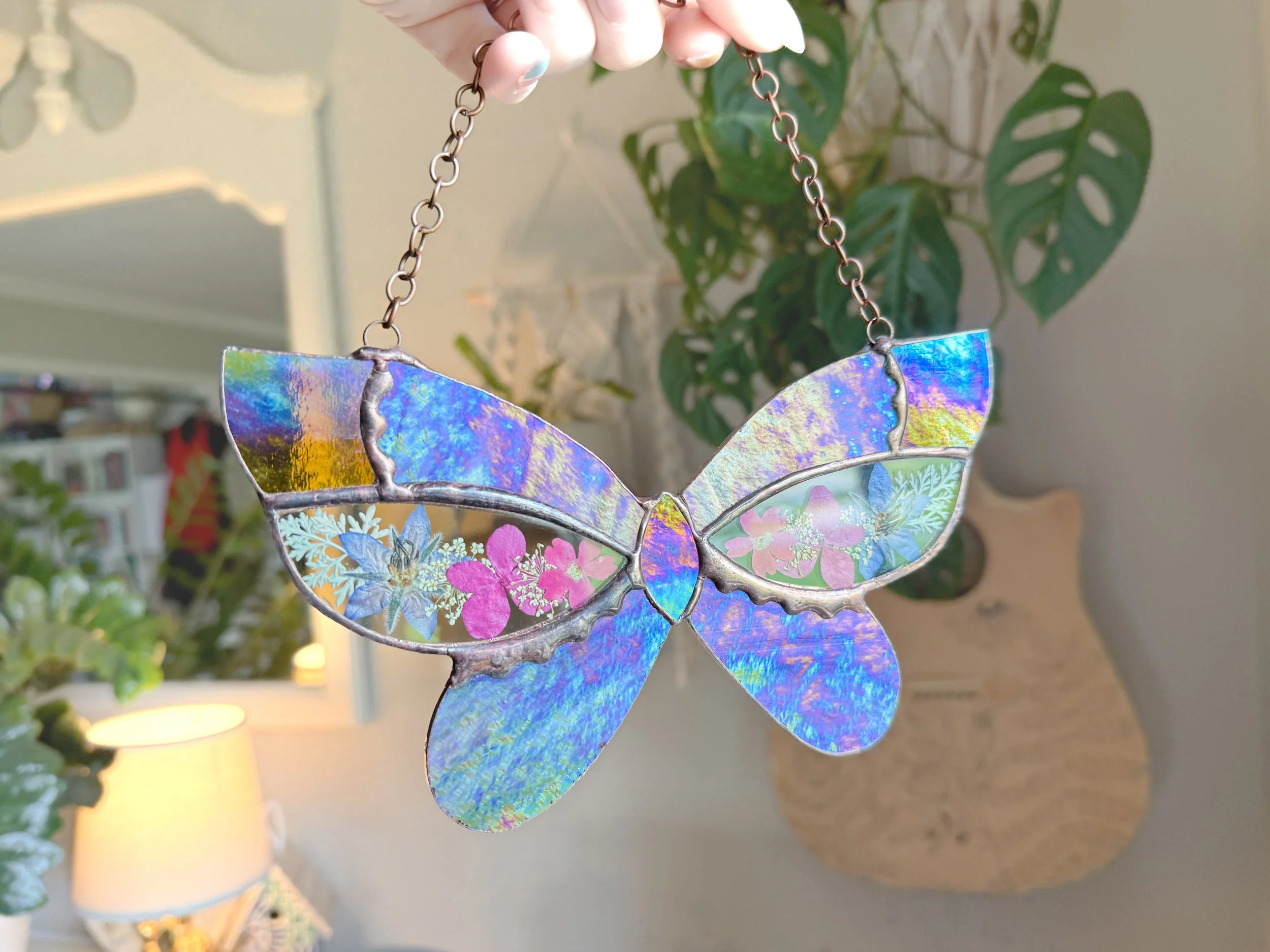 Stained Glass Butterfly With Pressed Ferns In The Wings