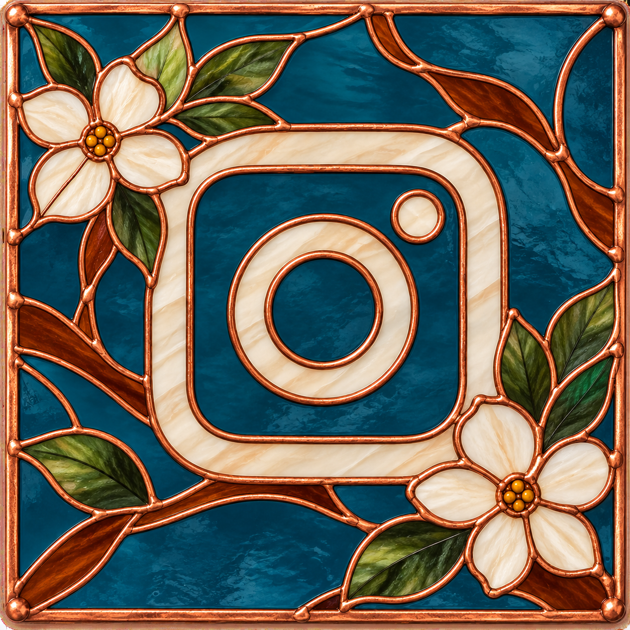 Stained glass artwork of the Instagram logo surrounded by floral patterns with white flowers, green and brown leaves, and a copper-colored border.