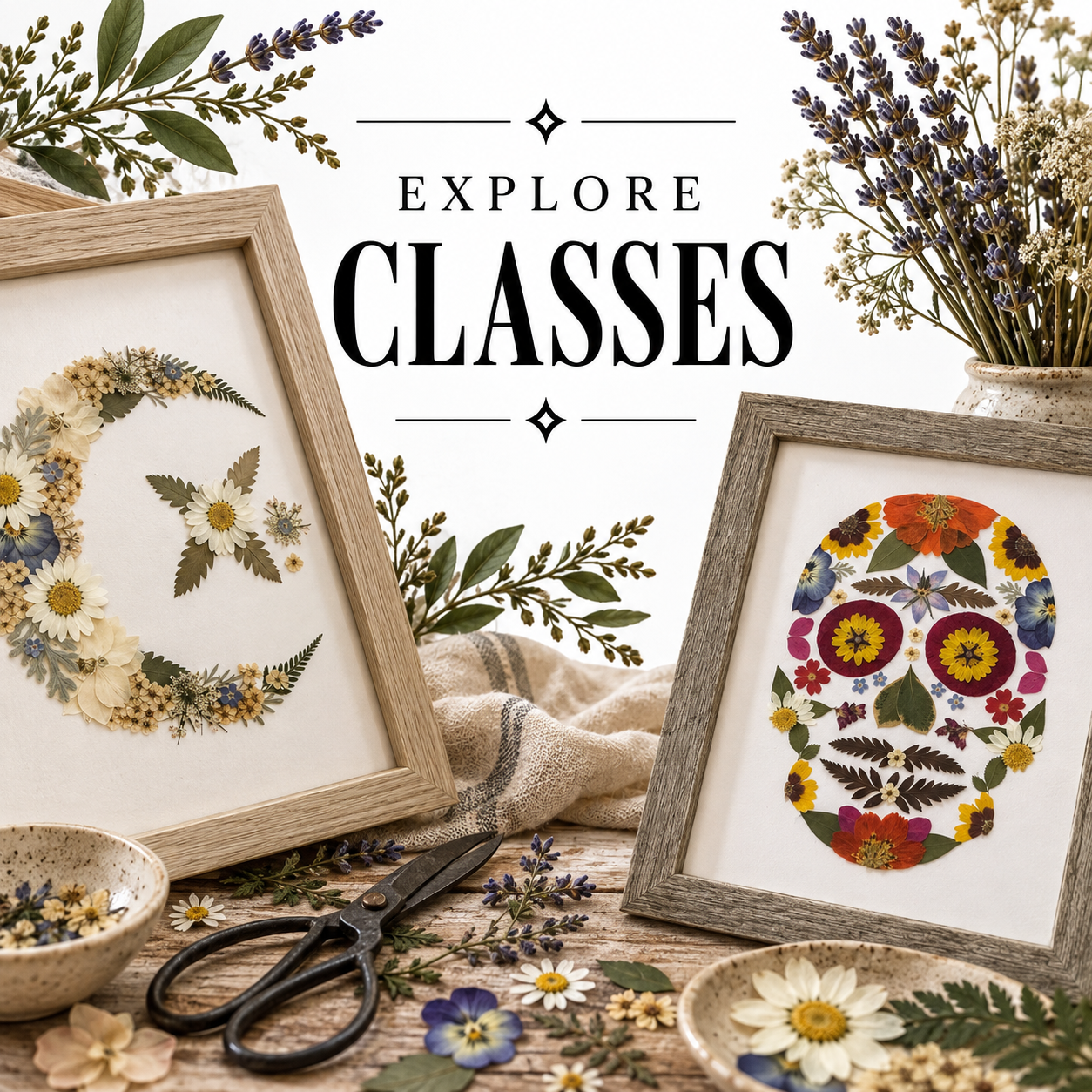 Decorative arrangement of framed flower art pieces, fresh flowers, and crafting tools on a wooden surface promoting exploring craft classes.