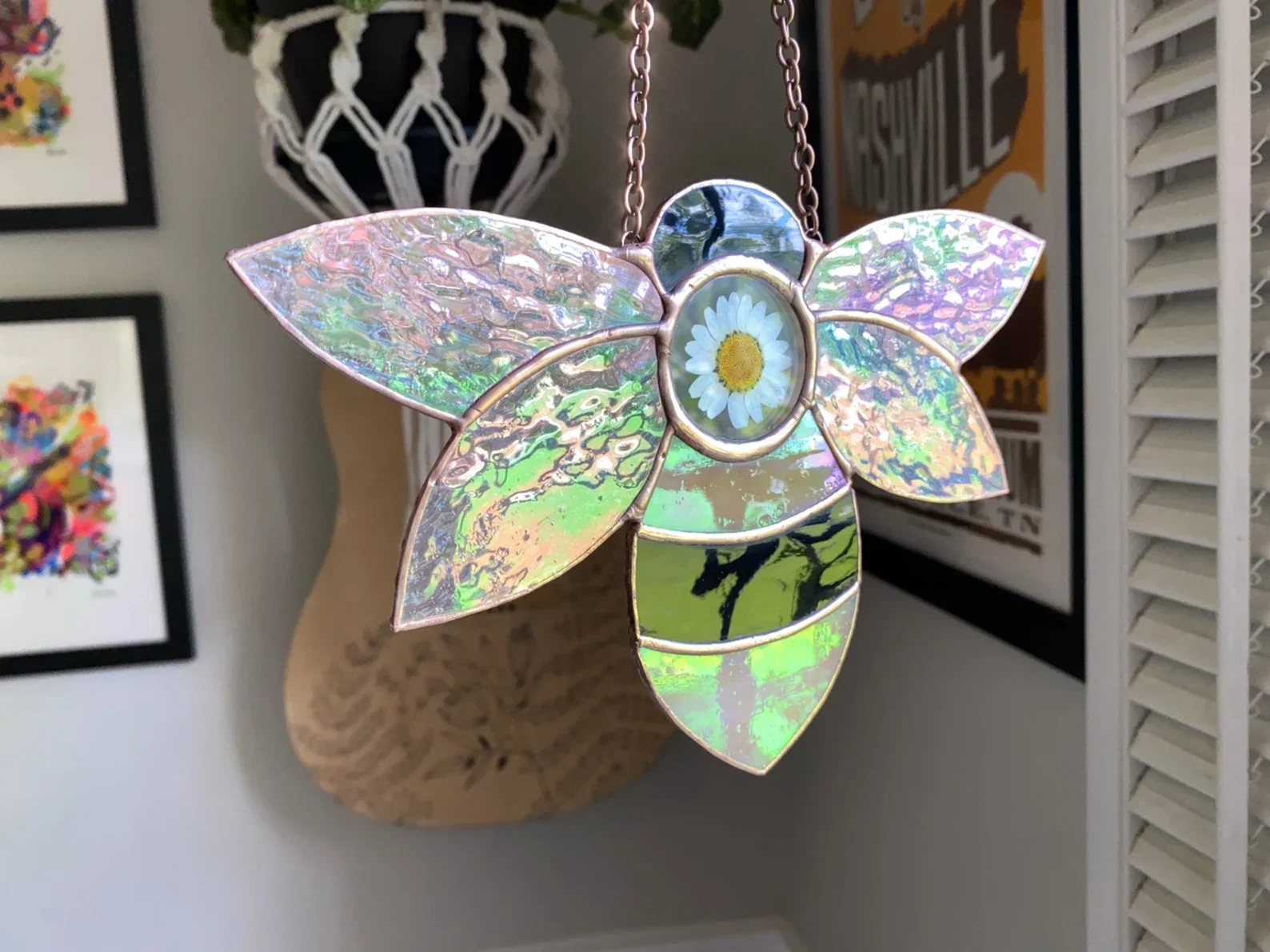 Stained Glass Bee Suncatcher Pressed Daisy Flowers Rustic Solder