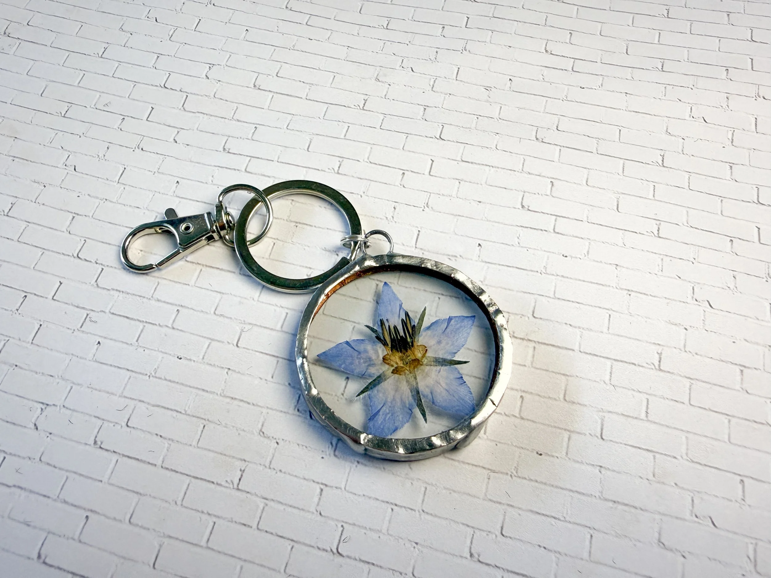 Stained glass keychain with real pressed flower borage silver