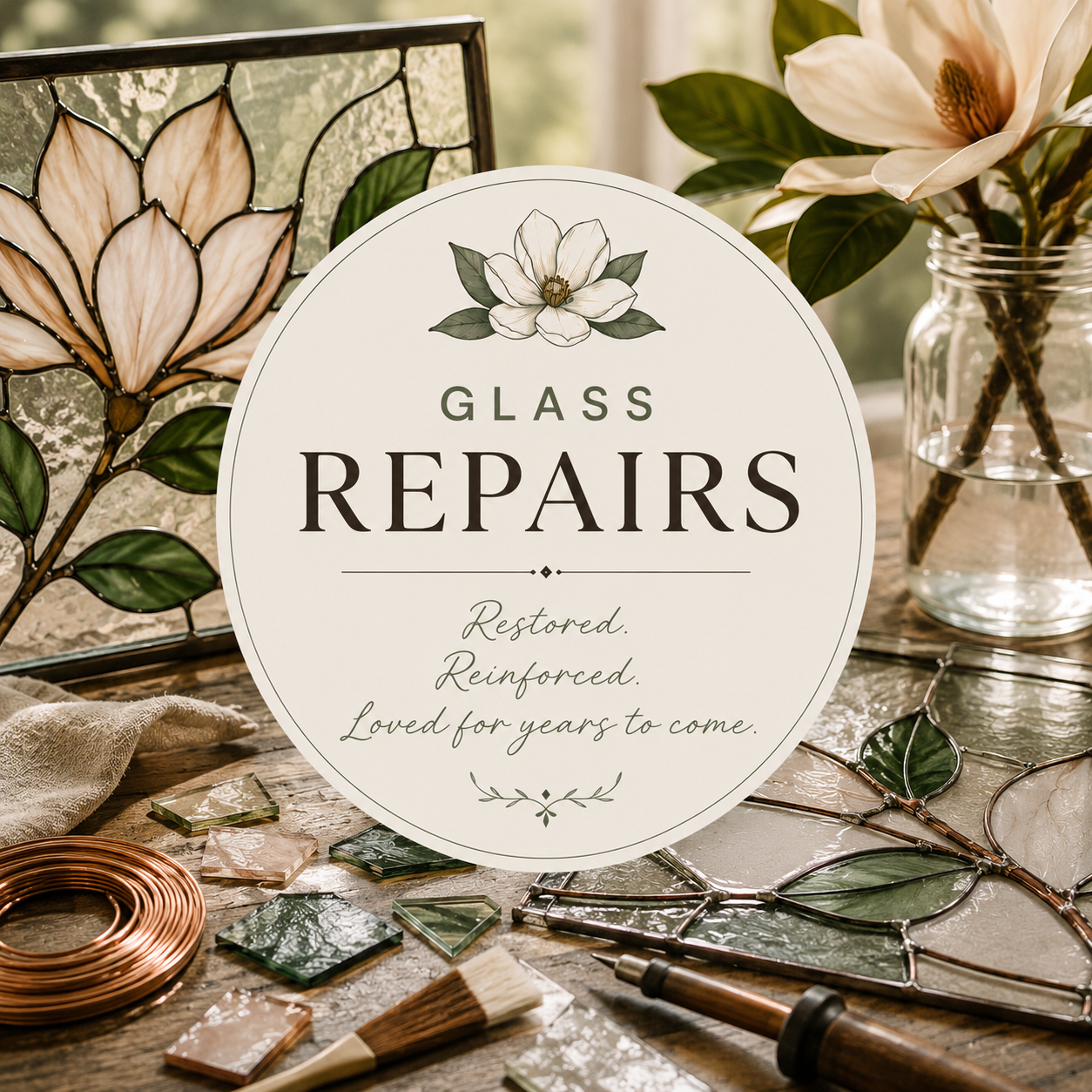 Decorative sign for a glass repairs business with a magnolia flower illustration, surrounded by stained glass pieces, glass jars with magnolia branches, and jewelry on a wooden table.