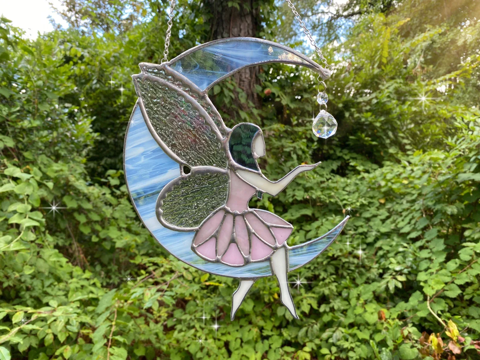 Stained Glass Fairy Moon Suncatcher Rainbow Crystal Glass Art