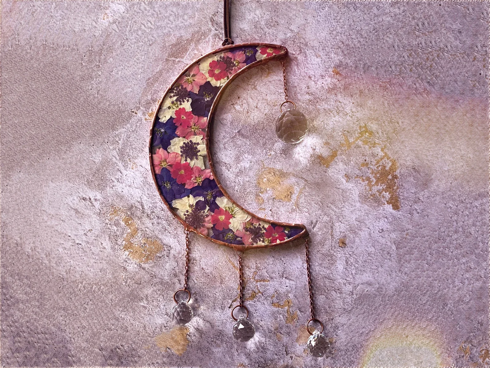Pressed Larkspur Crescent Moon Suncatcher Rainbow Prism Crystal