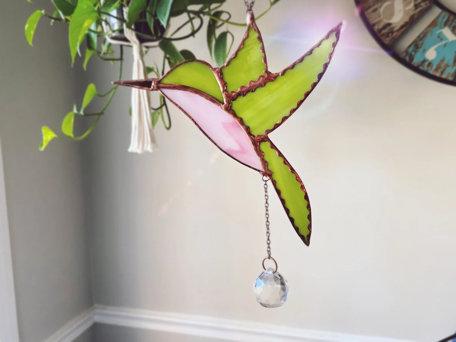 Stained Glass Hummingbird Bird, Ornament, Decoration, Suncatcher, Gift pink and green with crystal