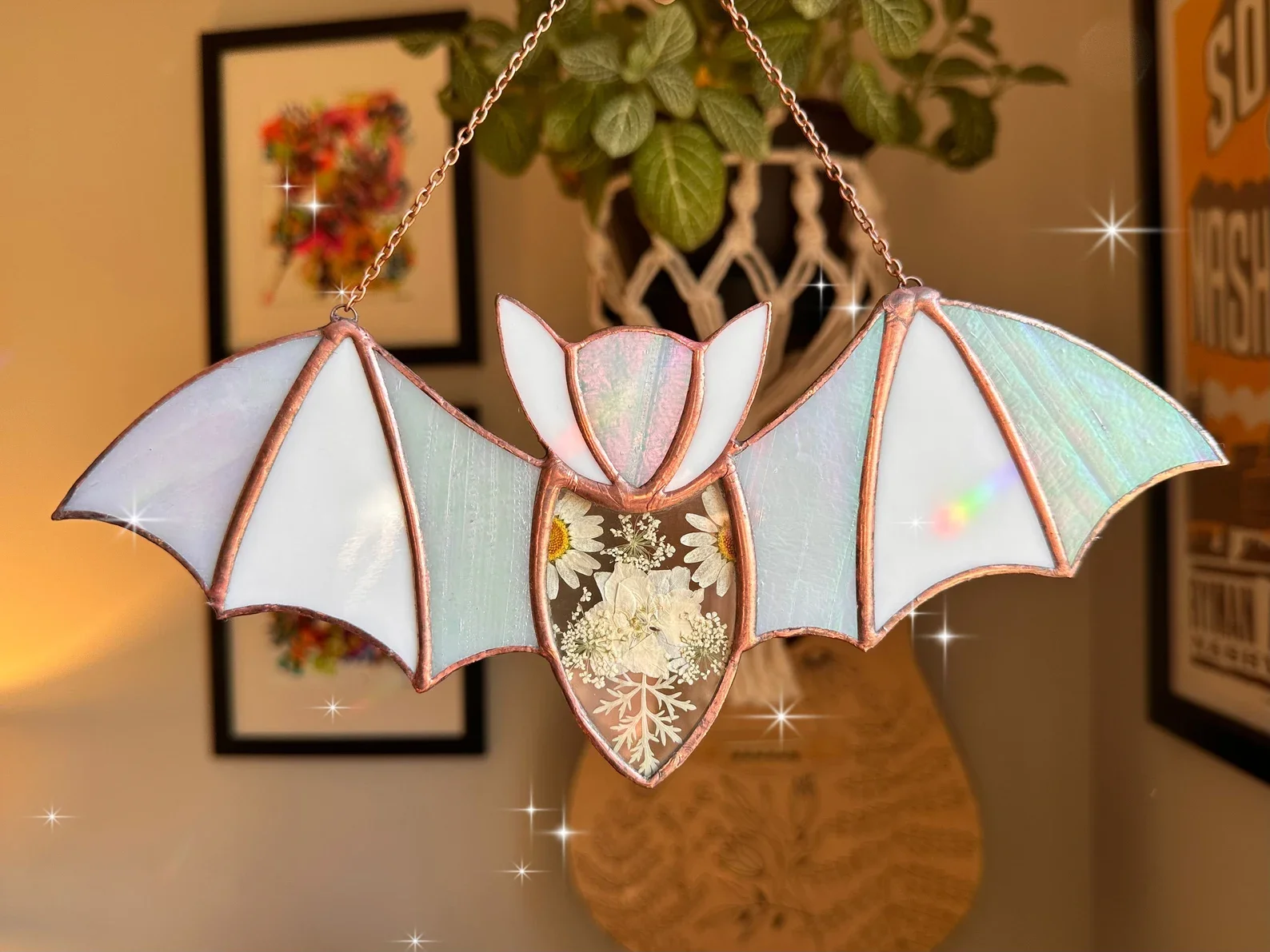 Stained Glass Bat Suncatcher: Pressed Daisy Flowers & Iridescent Wings