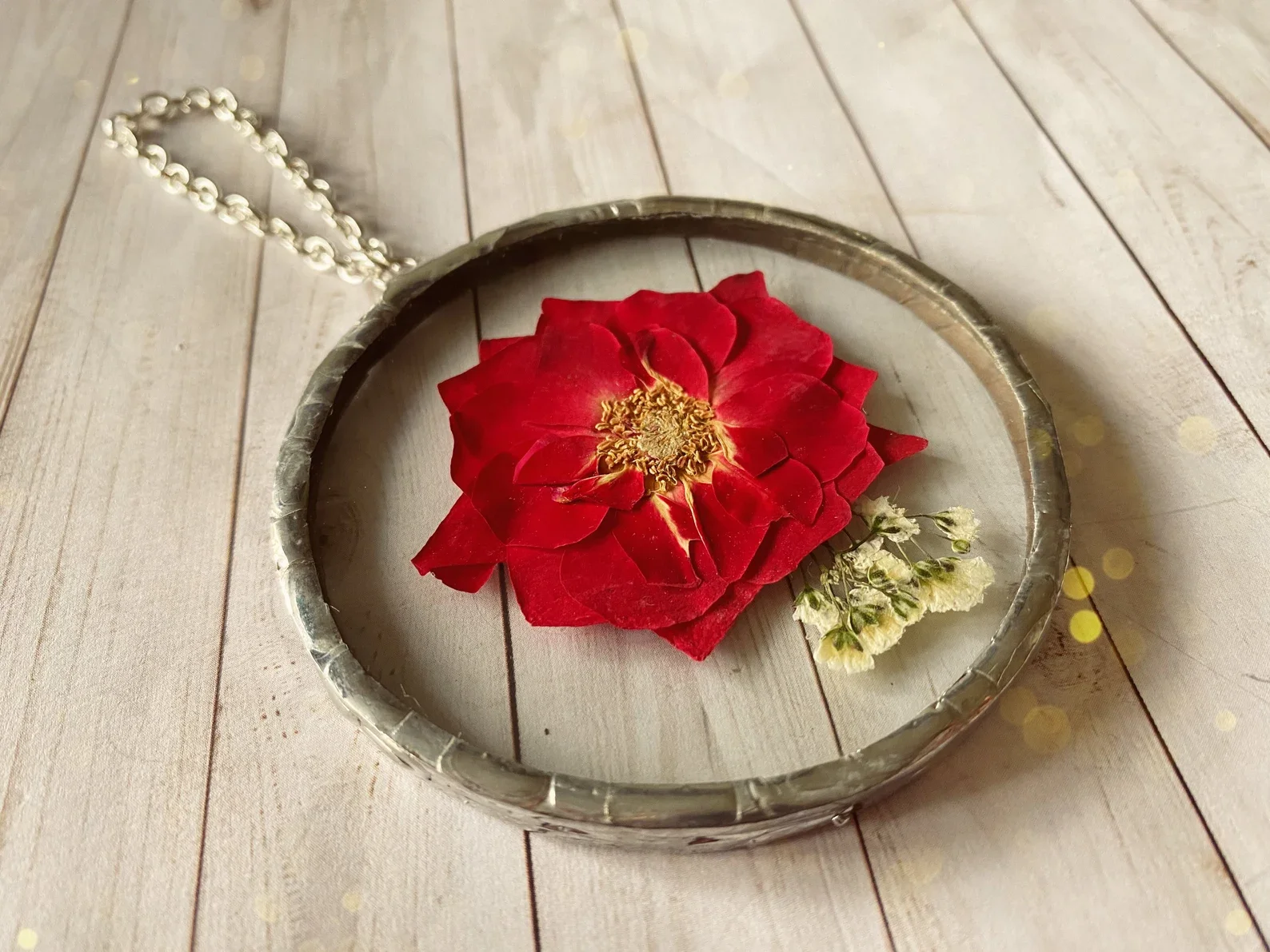 Pressed Rose Ornament Rustic Solder Glass Art with Silver Patina