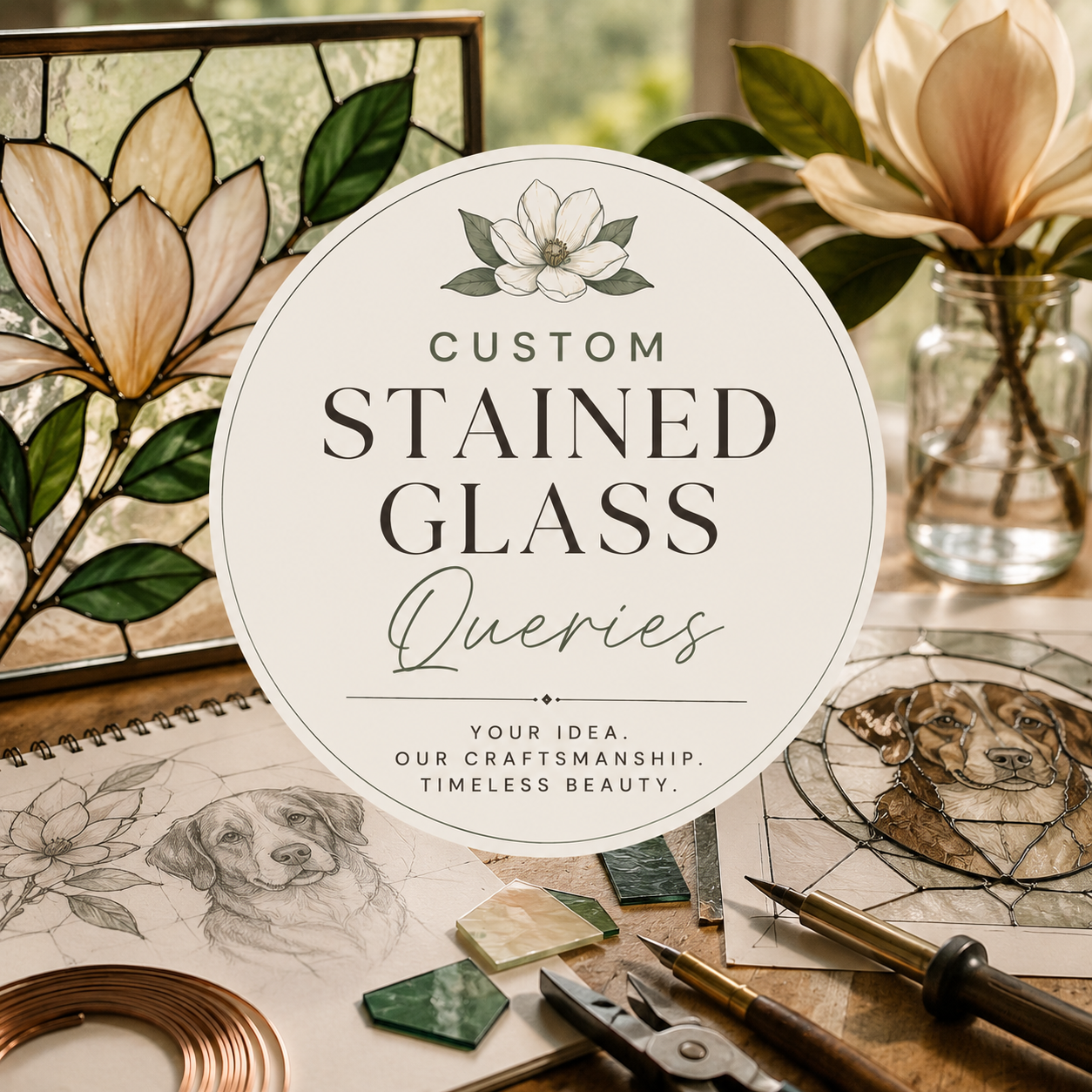 Sign advertising custom stained glass queries with floral design at the top, surrounded by stained glass artworks, a sketchbook with a dog sketch, colored glass pieces, and art tools on a wooden table.