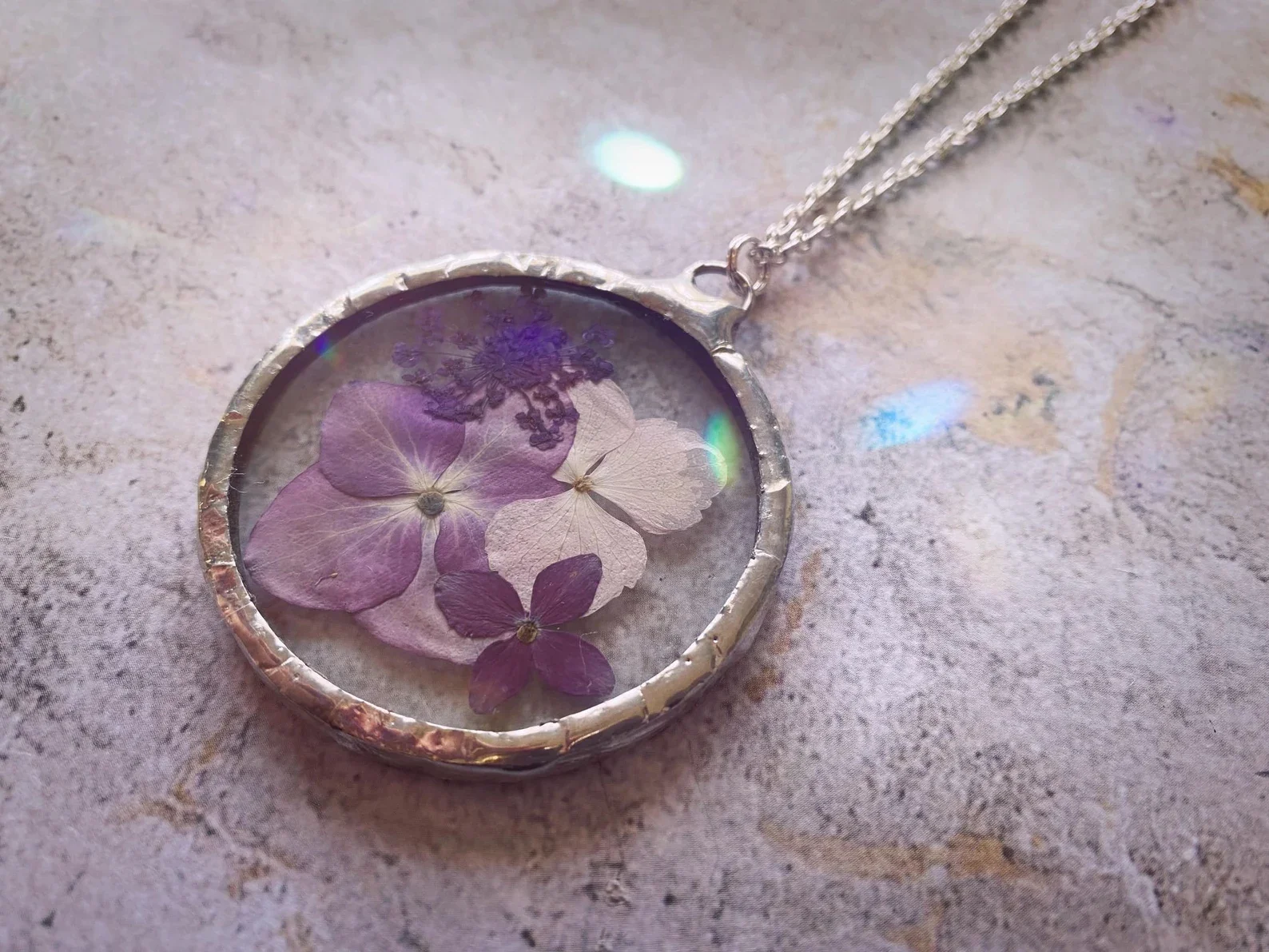 Stained glass soldered pendant necklace pressed hydrangea queen anne's lace necklace silver patina