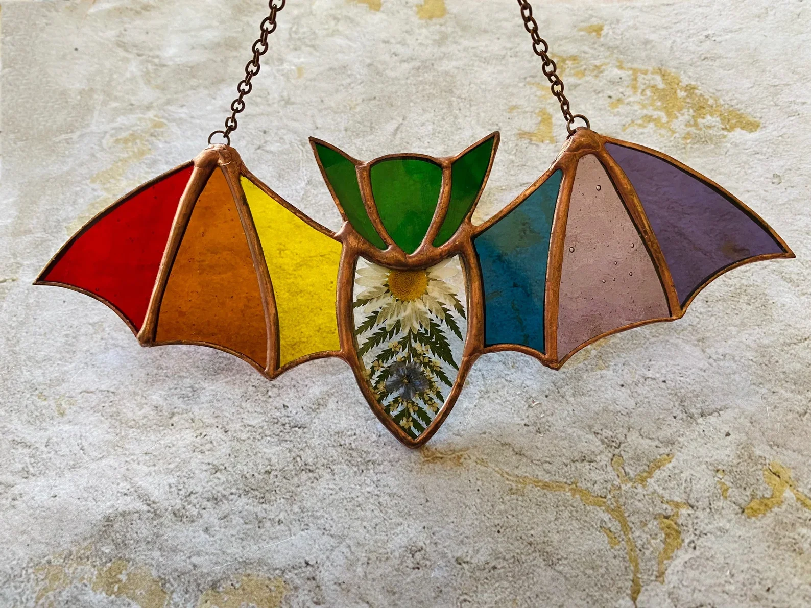 Stained Glass Bat Suncatcher: Pressed Daisy Flowers & Iridescent Wings