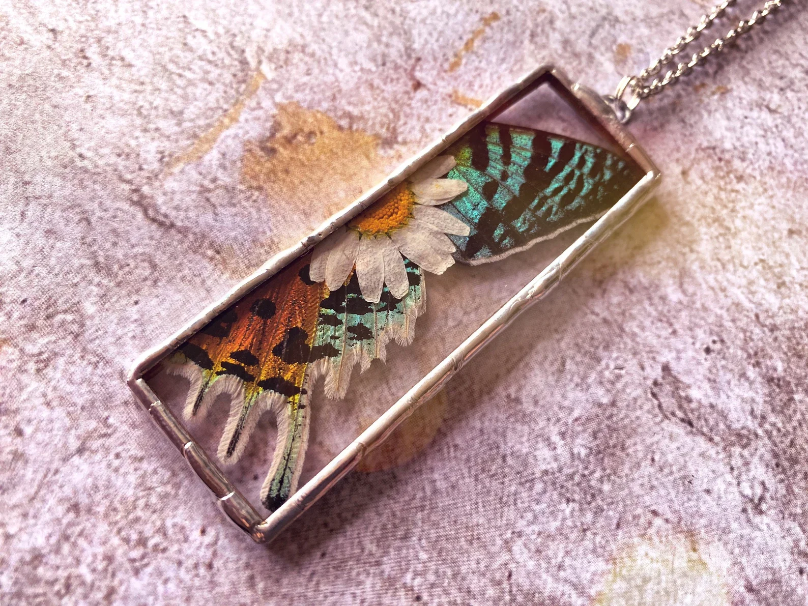 Sunset Moth Wing Necklace: Stained Glass Daisy Pendant, Boho Jewelry