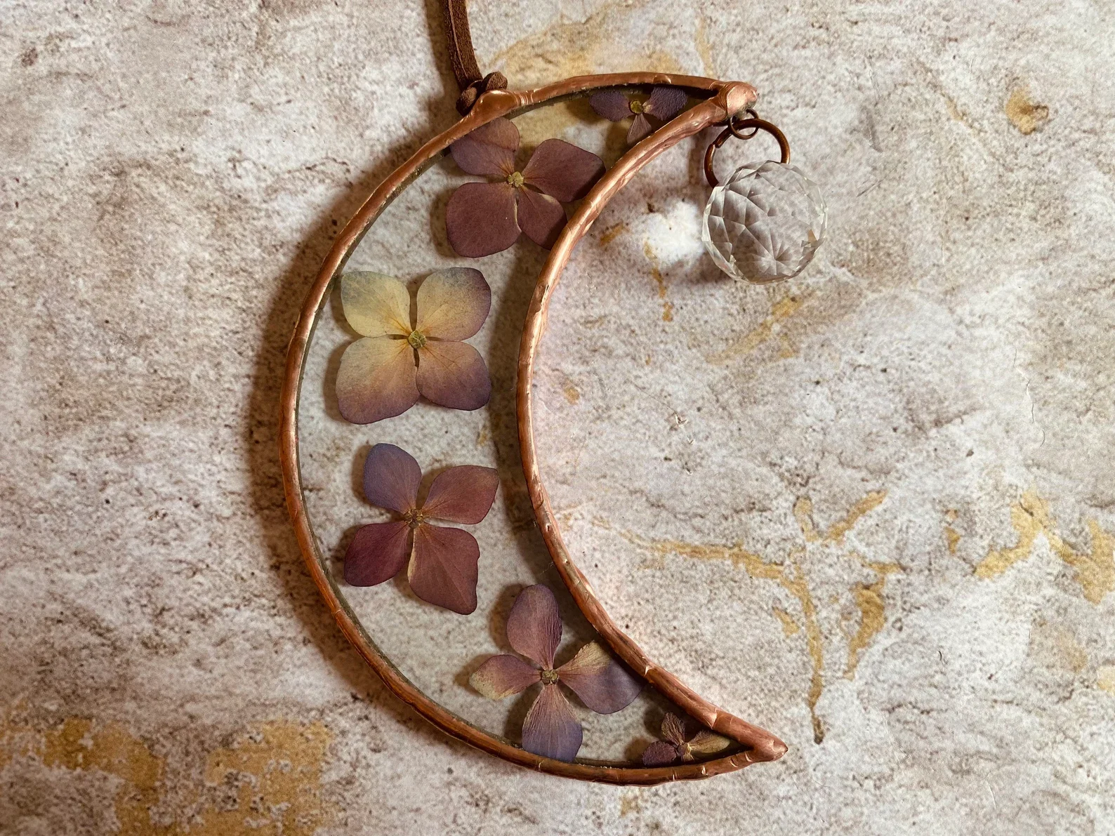Stained Glass Crescent Moon Suncatcher Pressed Hydrangeas