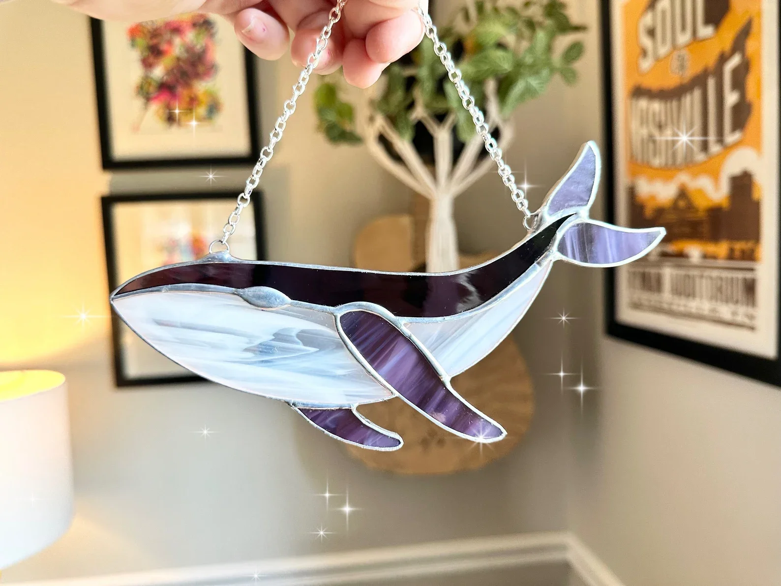 Stained Glass Whale Ornament: purple & White Beachy Decor
