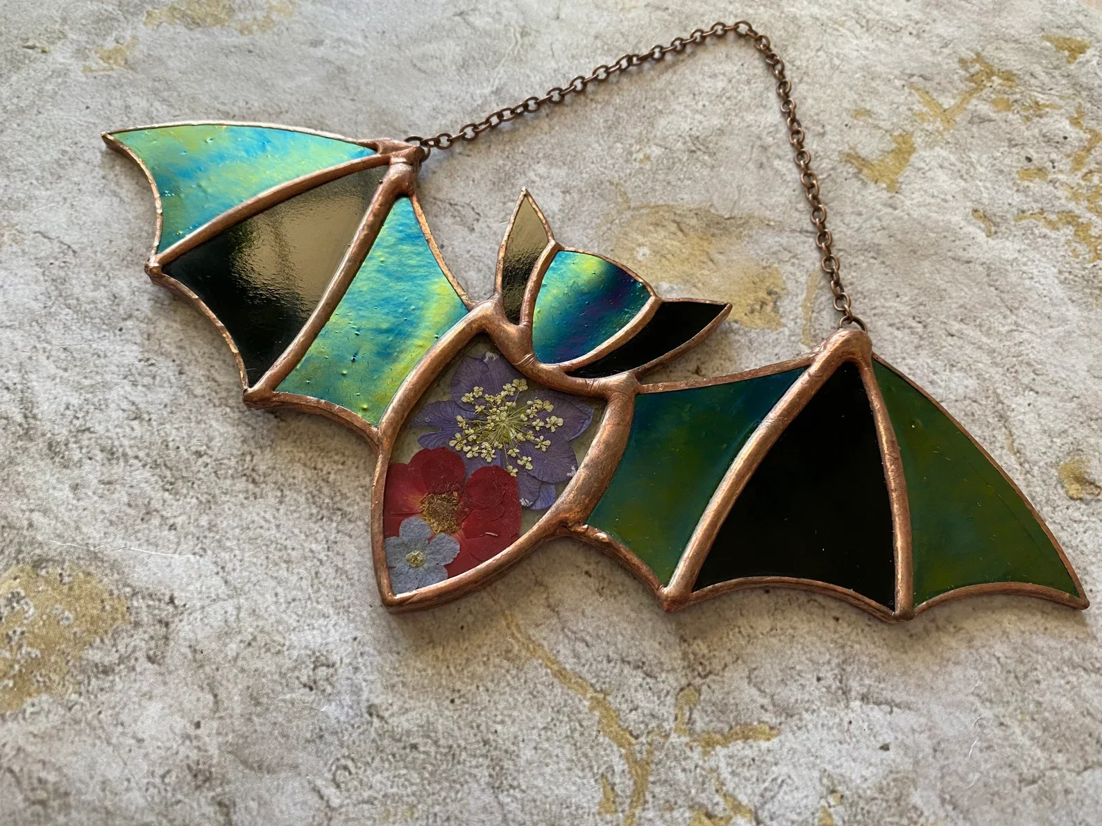 Stained Glass Bat Suncatcher Pressed Daisy Flowers and Iridescent Wings