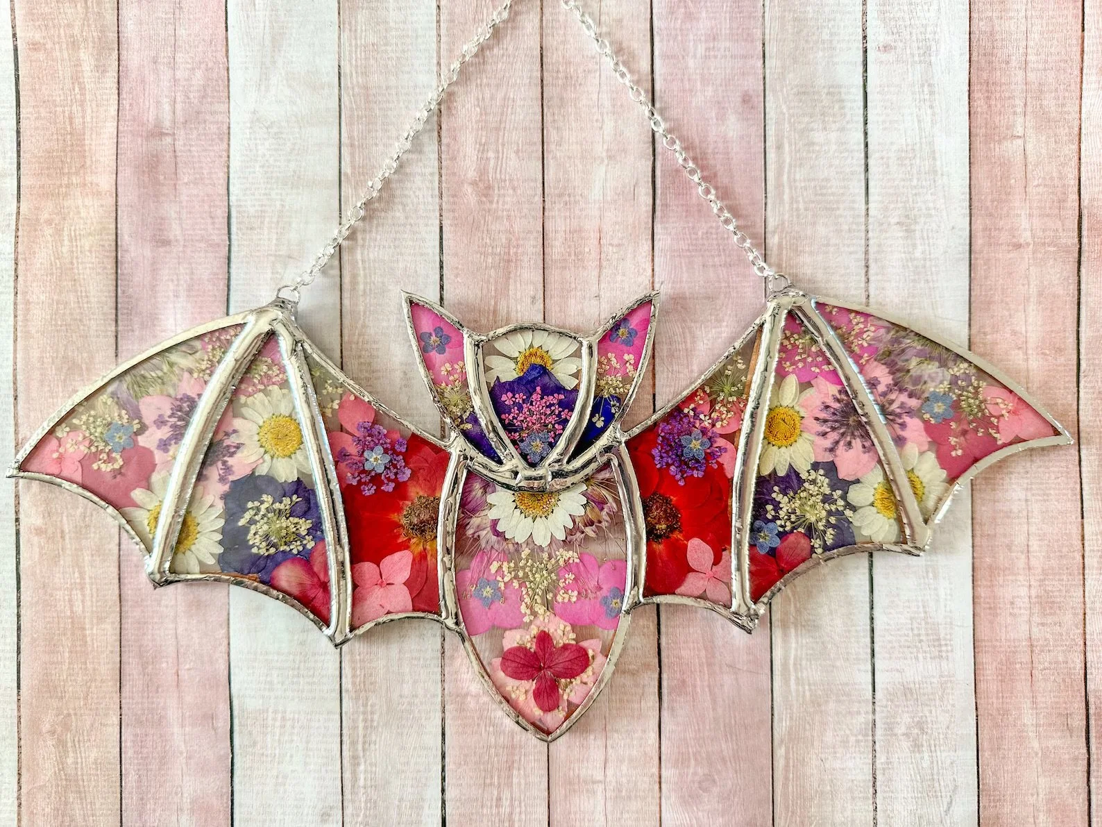 Stained Glass Bat Suncatcher Pressed Daisy Flowers and Rustic Solder