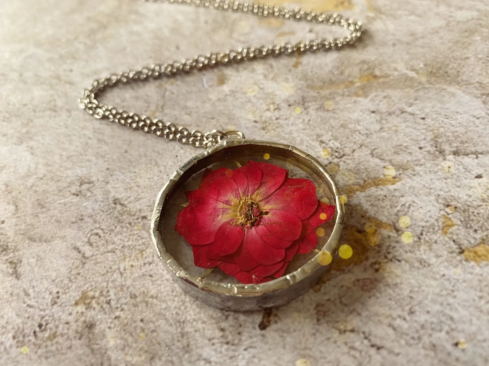 Stained glass soldered necklace real pressed rose necklace silver