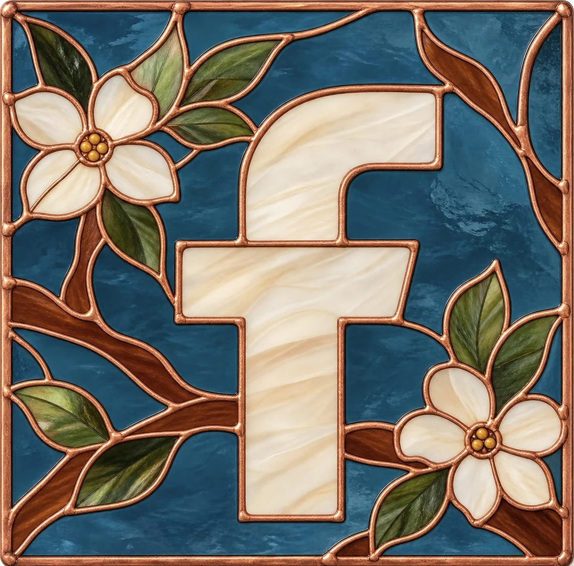 Stained glass panel with a cross in the center, decorated with white flowers and green leaves on a blue background.