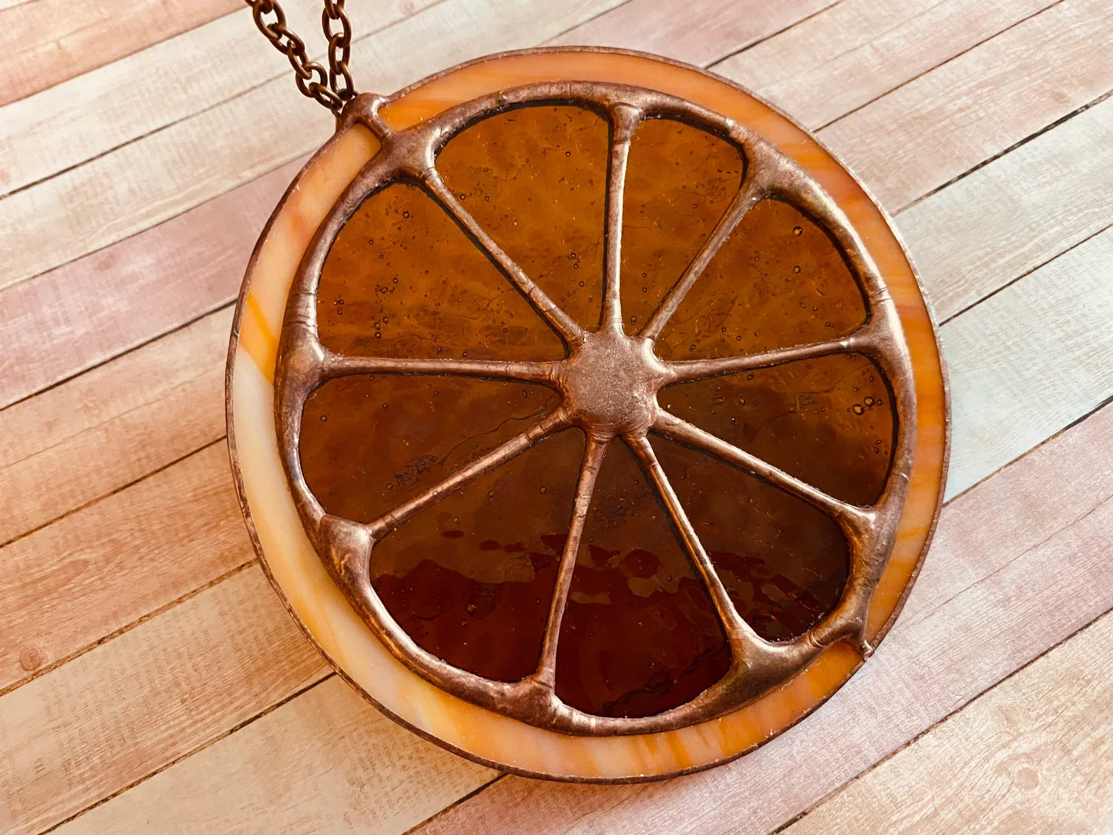 Stained Glass orange Slice Suncatcher Copper Patina Summer Decor