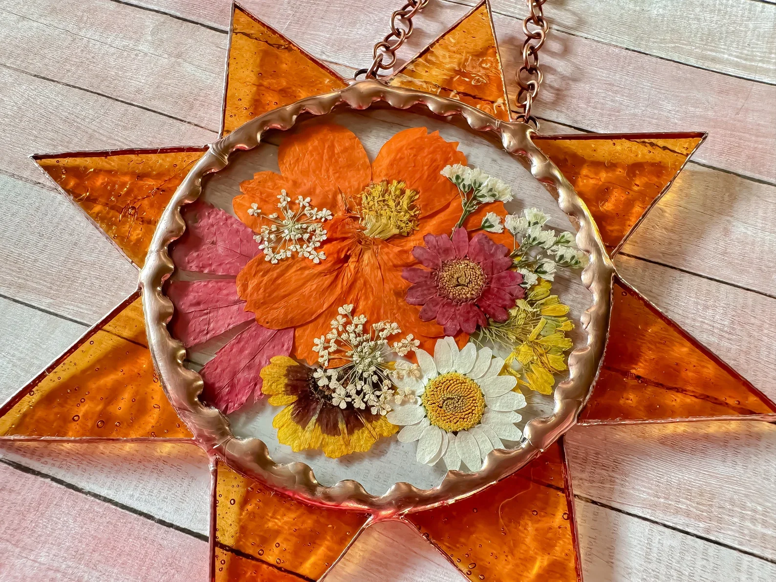 Stained Glass Sun Suncatcher Pressed Flowers Antique Copper Edging