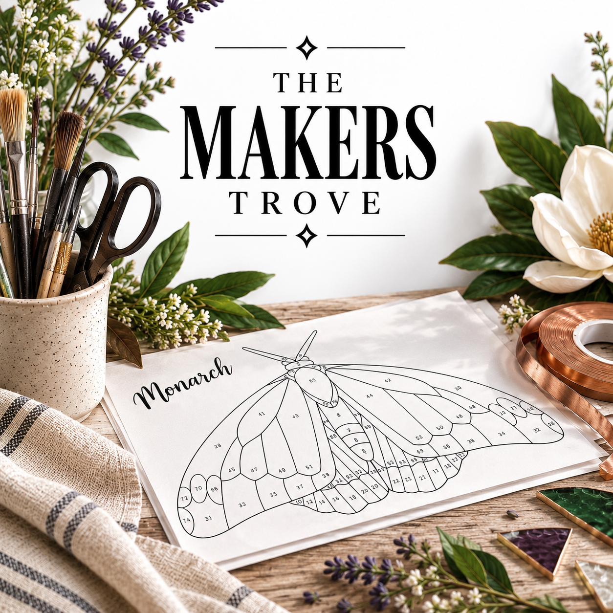 A craft workspace featuring a coloring sheet of a monarch butterfly with numbered sections, surrounded by flowers, greenery, and craft tools, with a sign that reads "The Makers Trove."