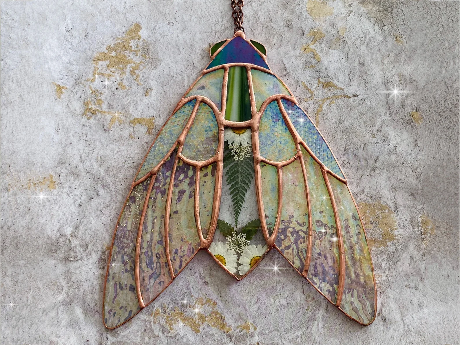 Stained Glass Cicada Suncatcher: Iridescent Wings, Pressed Flowers