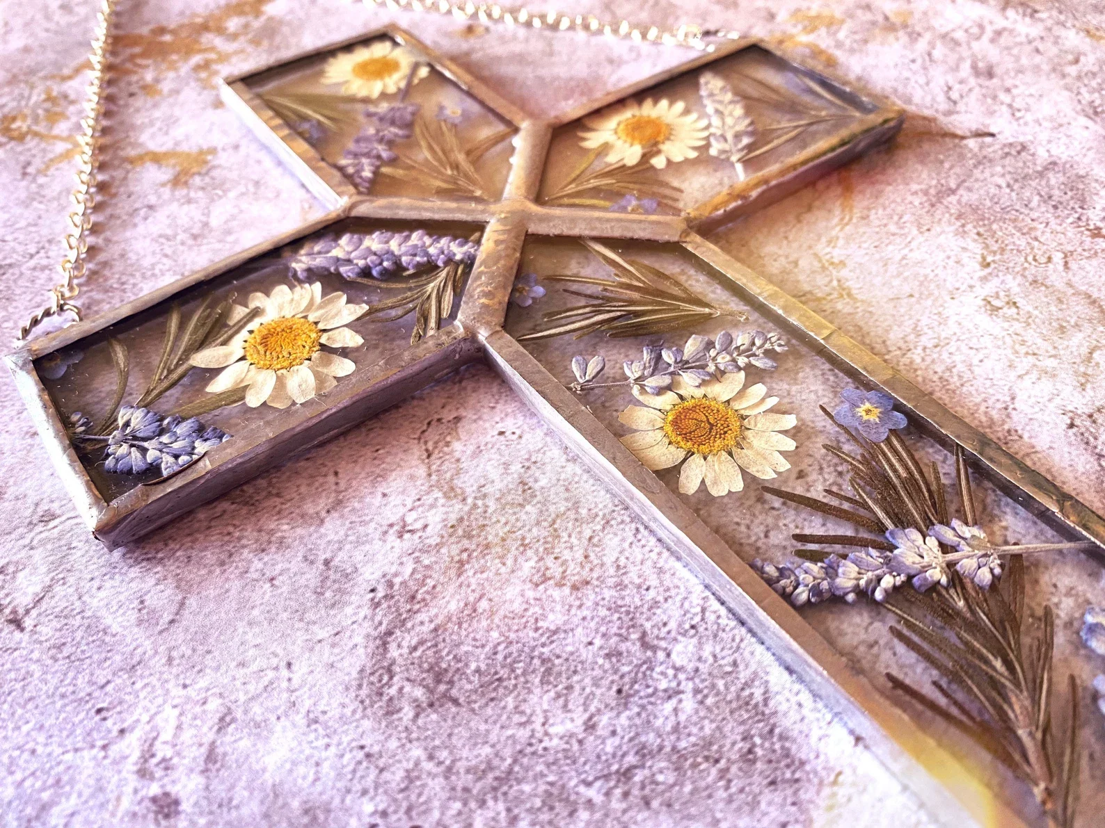 Stained Glass Pressed Flower Cross Botanical Art Decoration