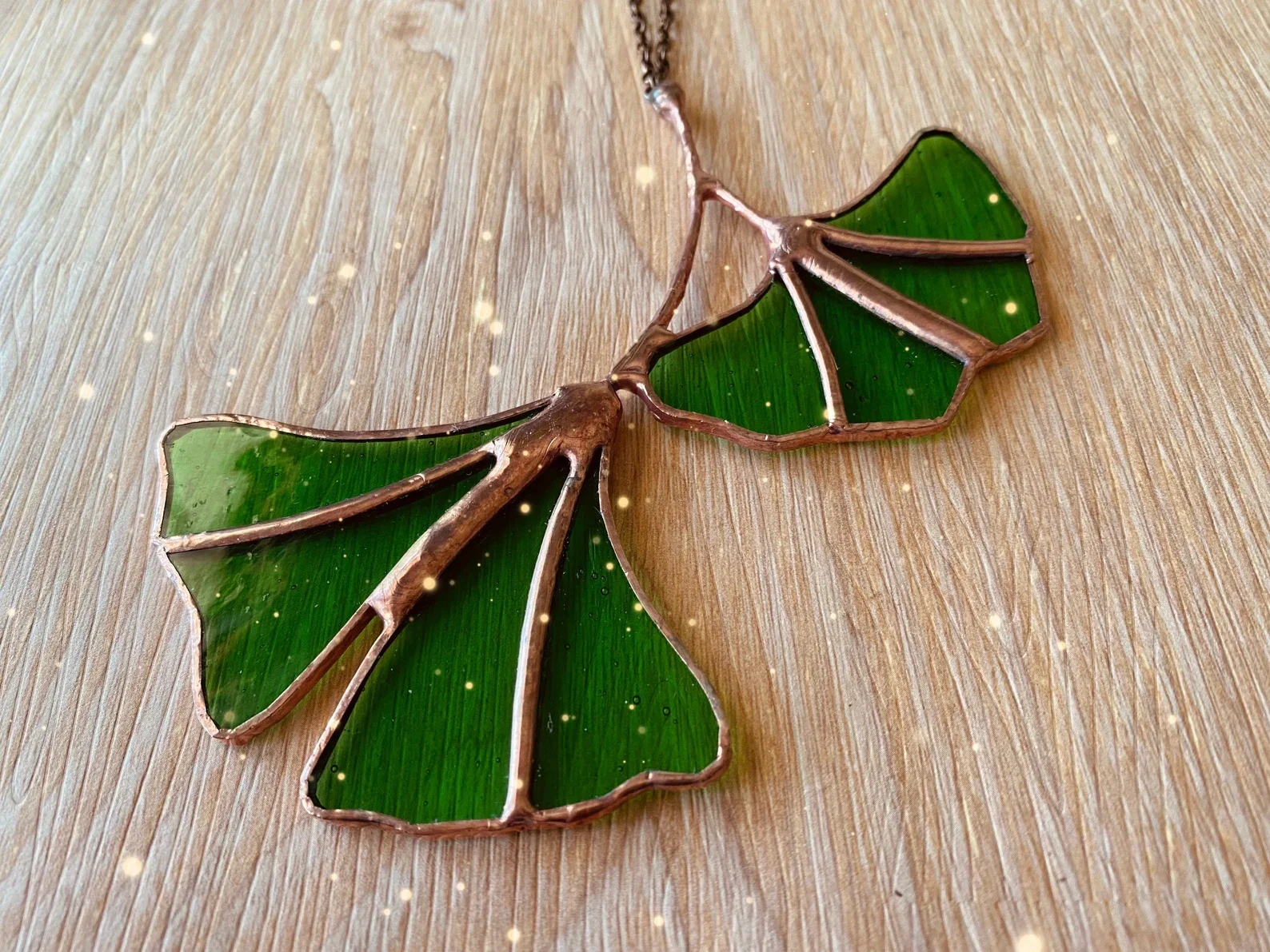 Stained Glass Green Ginkgo Leaf Ornament: Copper Edged Suncatcher
