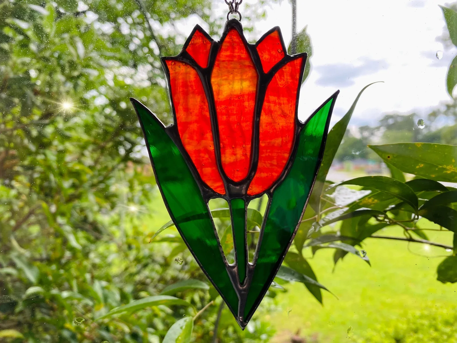 Stained Glass Tulip Suncatcher, Firey Glass Ornament (Copy)