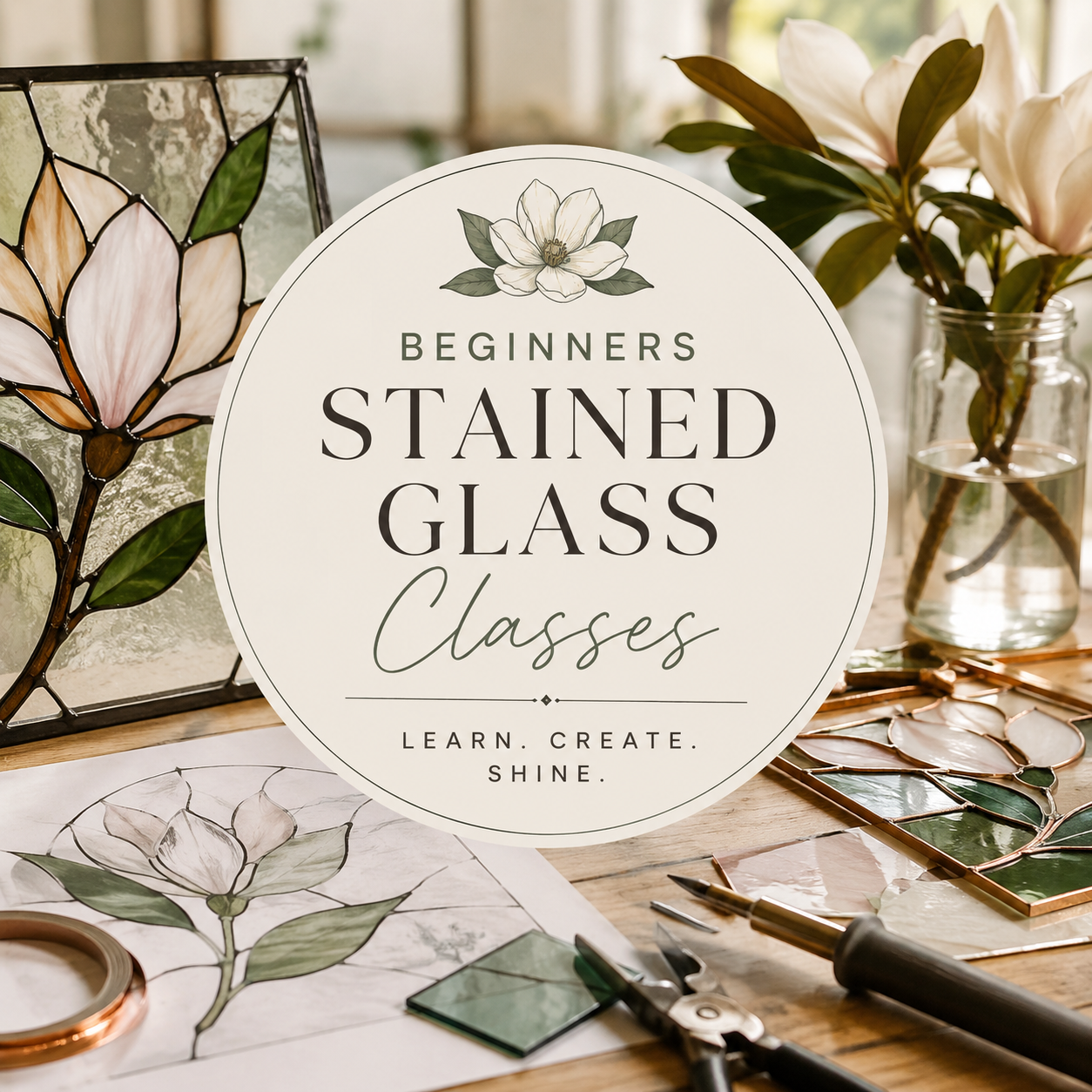 Sign for beginners stained glass classes surrounded by stained glass art supplies, including a stained glass window, sketches, and tools.