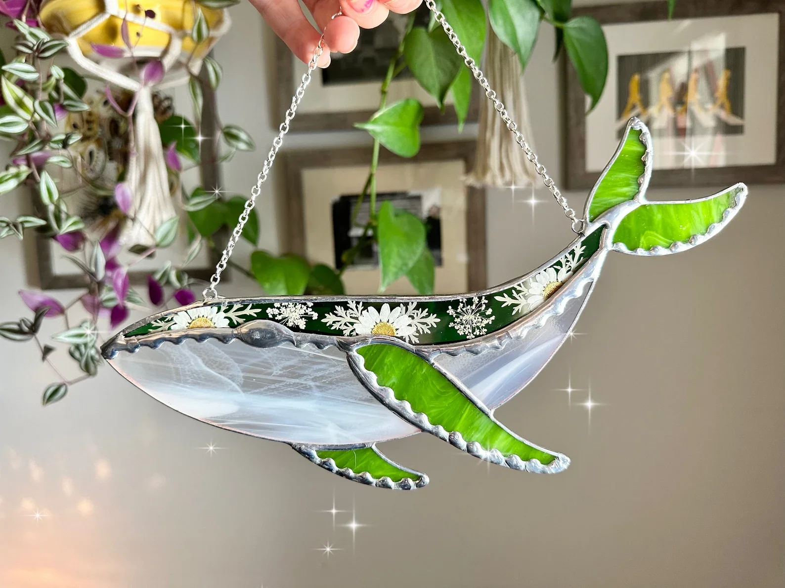 Stained Glass Whale Suncatcher Pressed daisies