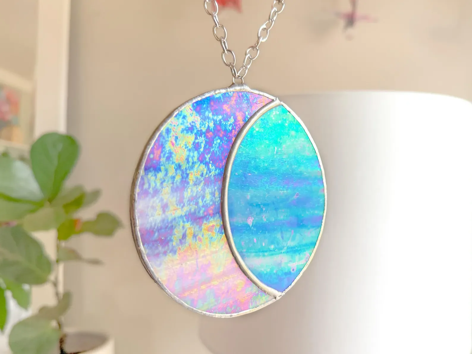 Stained Glass Crescent Moon Ornament Iridescent Window Decor