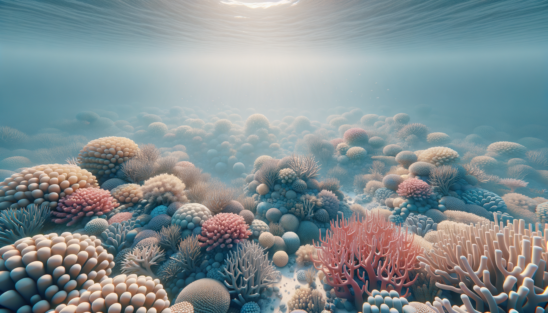 Underwater scene with coral reefs in pastel colors including pink, purple, and blue, with sunlight filtering through the water surface.
