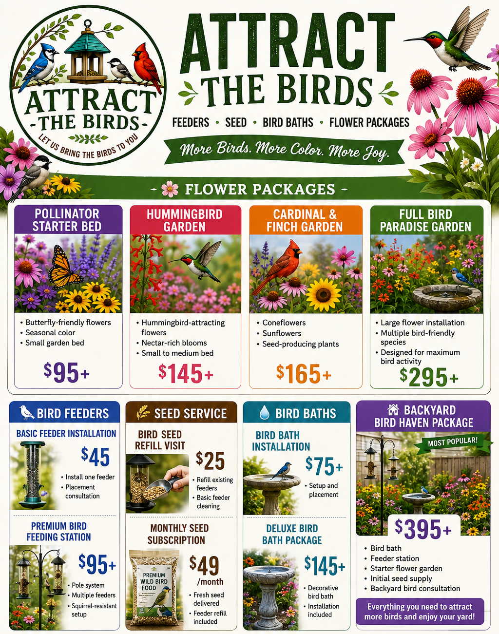 A colorful flyer advertising bird attractant products and garden packages, featuring images of various birds, flowers, and options for bird feeders, baths, and garden sets.