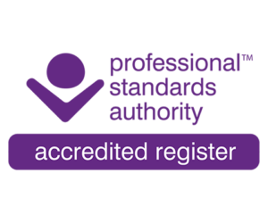 Logo for professional standards authority with purple checkmark and text indicating 'accredited register'.