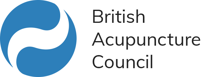 Logo of the British Acupuncture Council, featuring a circular design with blue and black elements.