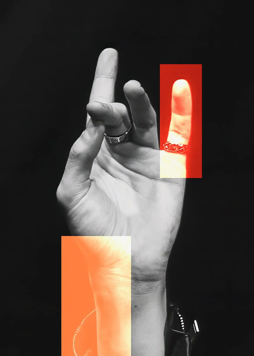 Une main en noir et blanc porte une bague, avec un dessin de doigt lumineux en rouge et orange ajoutés en Post-traitement sur la photographie.