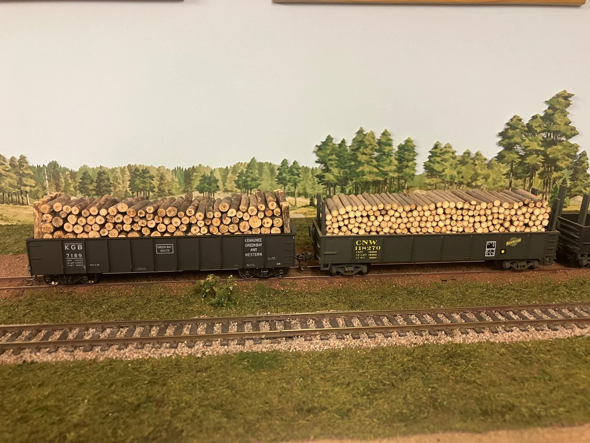 Model train set with tracks, two flatbed cars filled with stacks of small logs, and a background mural of a forest with trees.