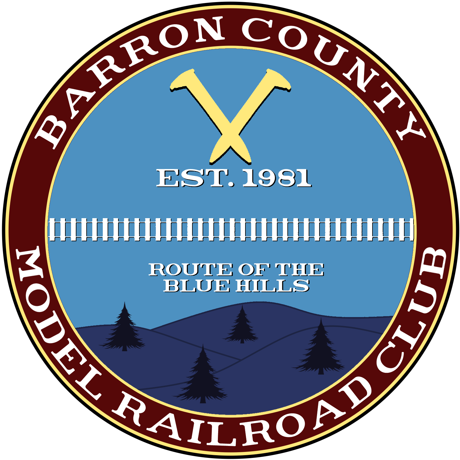 Official badge of the Barron County route of the Blue Hills, established in 1981, featuring a pine forest and railroad track.