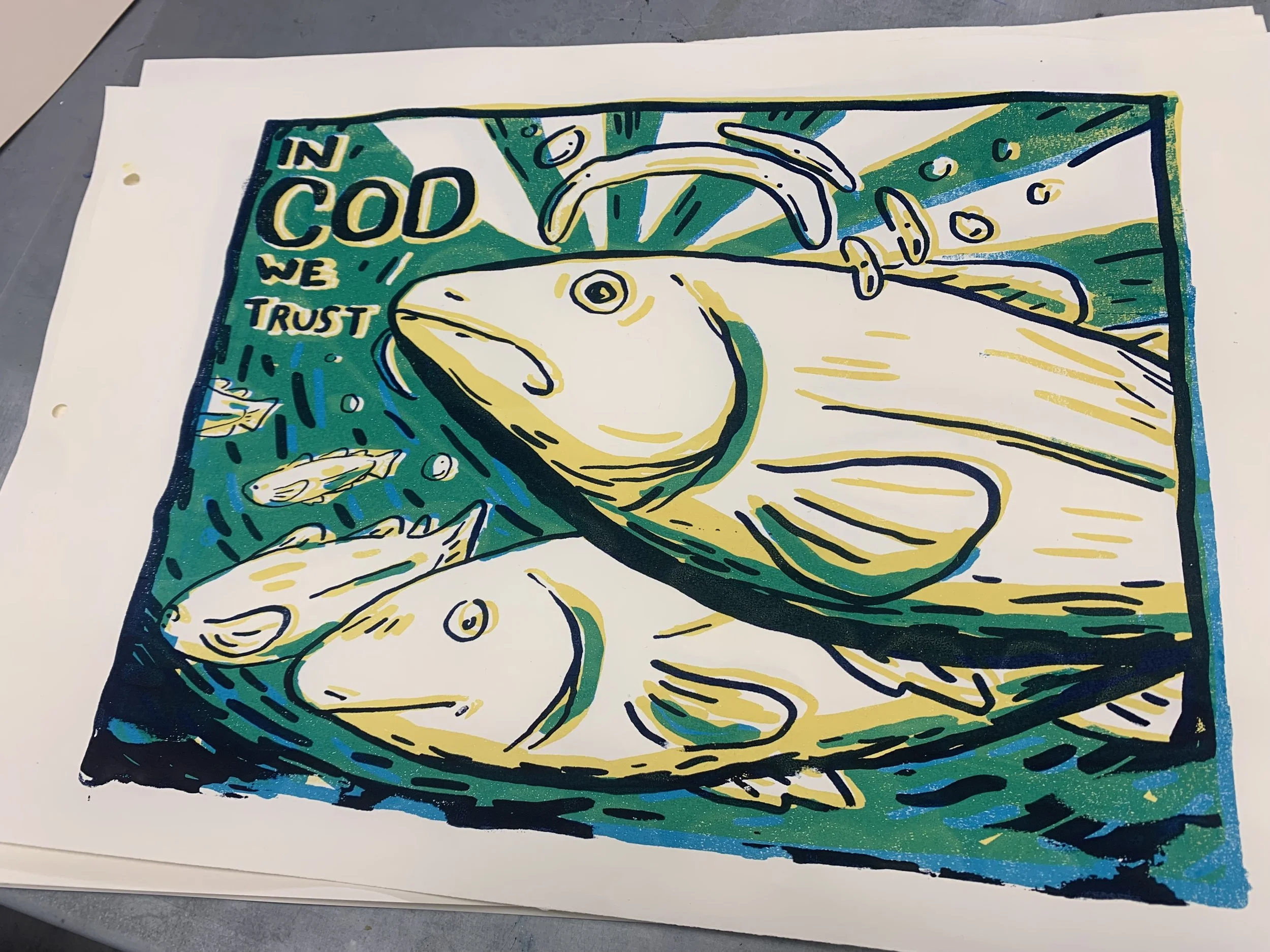 In Cod We Trust,
Screenprint,
2025