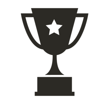 Black and white icon of a trophy with a star in the center.