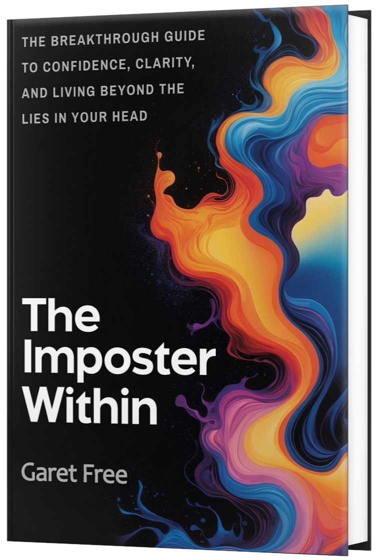 Book titled 'The Imposter Within' by Garet Free with a black background and colorful swirling abstract design.