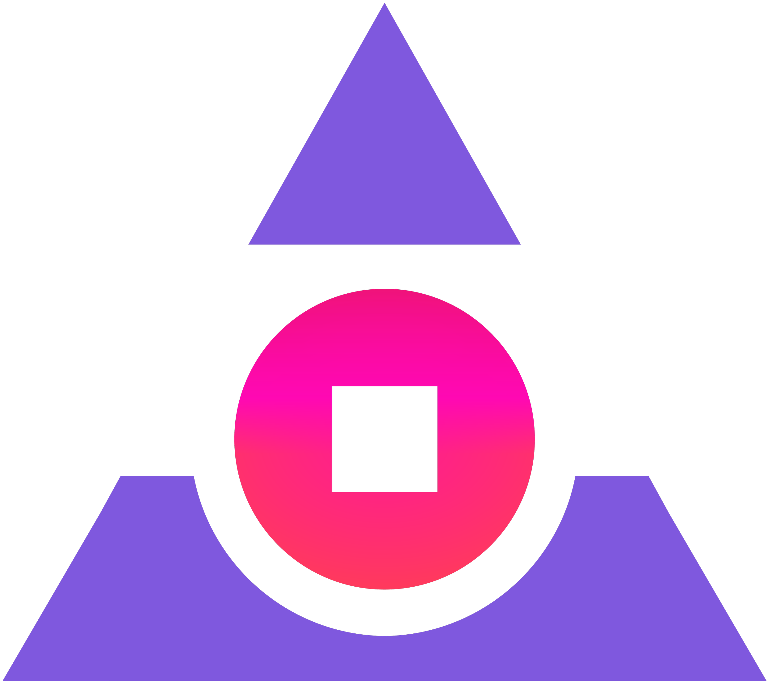 Abstract digital art with a black background, featuring a central pink circle with a black square cutout, topped by a purple triangle and purple trapezoids on each side.