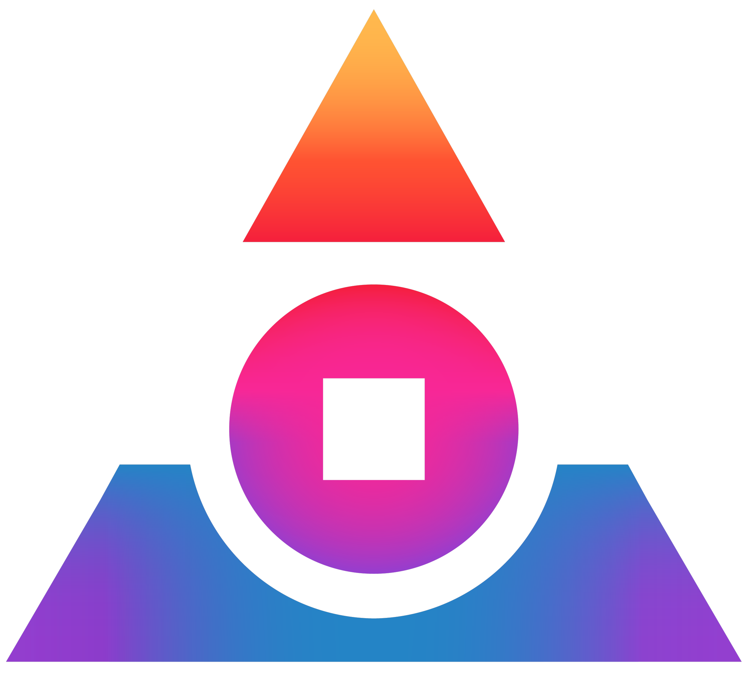A colorful abstract geometric design with a large pink circle at the bottom, overlapping a purple square, a purple star, a pink oval, a pink rectangle, an orange triangle, and a blue pentagon on a black background.