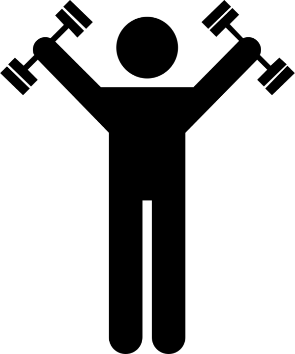 A simple line drawing of a person lifting two dumbbells, one in each hand.