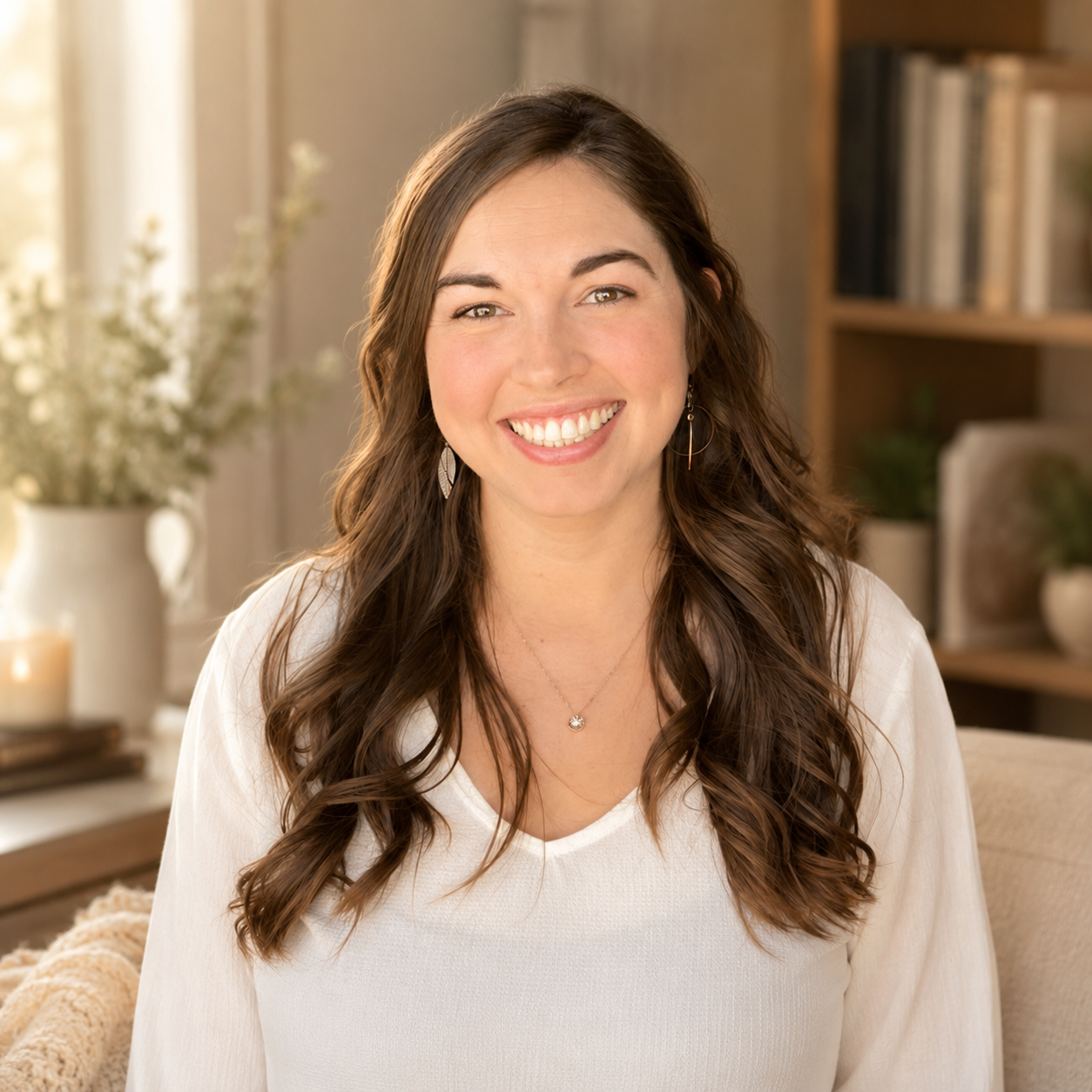 Smiling young woman with long brown hair, wearing a white top, sitting in a cozy, well-lit room with bookshelves and home decor in the background.