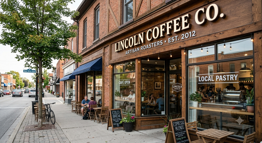 Lincoln Coffee Co. storefront with illuminated channel letters