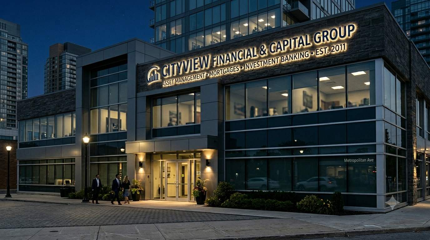 Exterior of a modern office building with illuminated sign reading 'Cityview Financial & Capital Group' at dusk. The building has large glass windows, and there are three people walking on the sidewalk near the entrance, which is decorated with potte