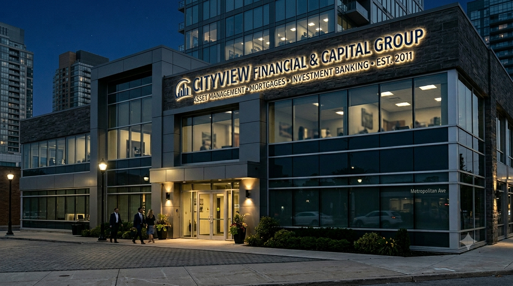Cityview Financial building at dusk with illuminated signage